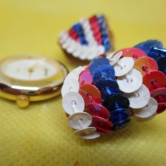 BONETTO Watch Red White Blue SEQUINS Gold Mesh Bow - Picture 5 of 7